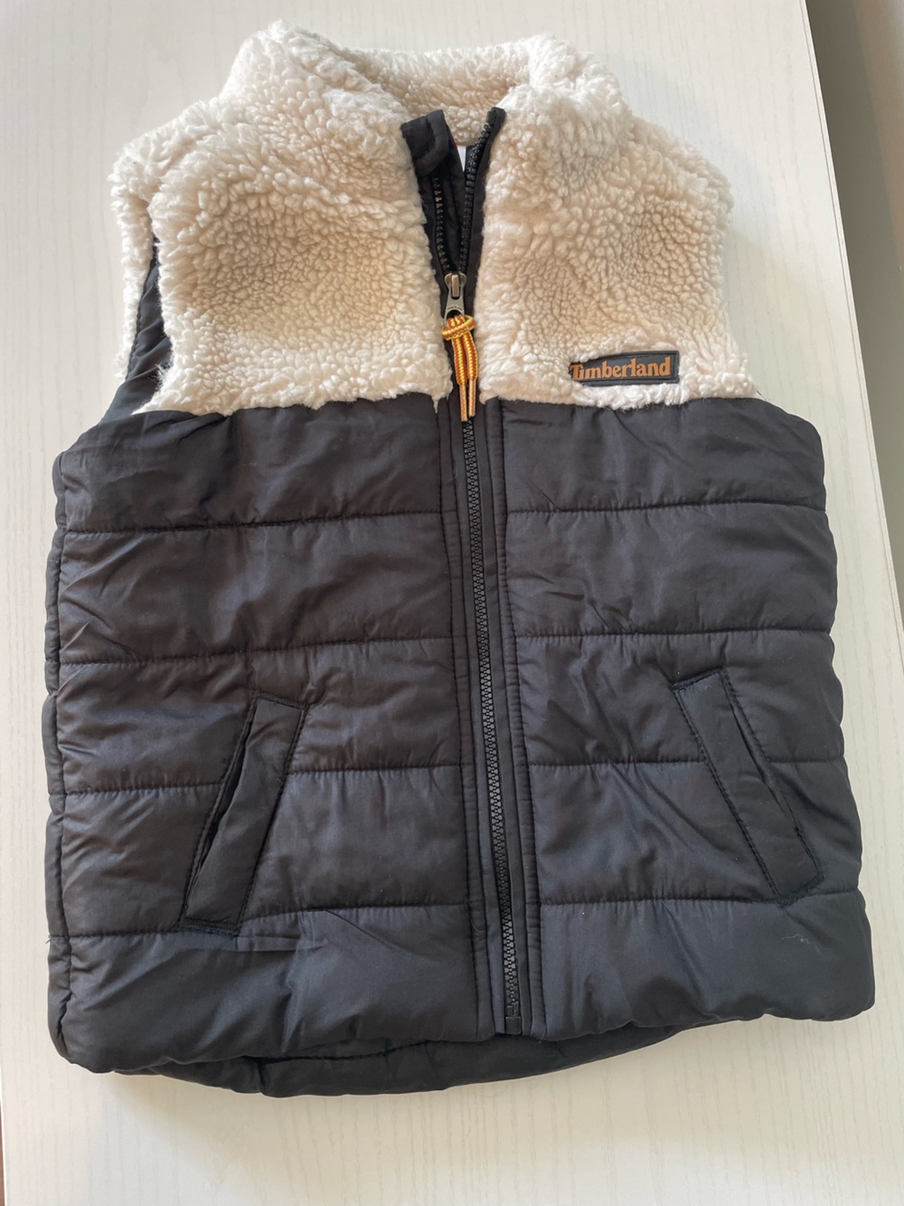 Timberland Black Quilted boys Vest with Cream Sherpa Trim